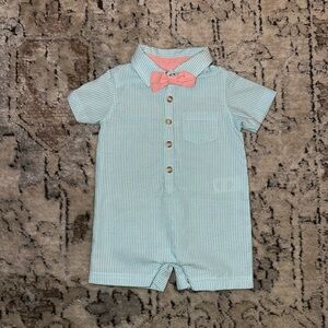 Edgehill Collection Blue and White Striped Romper Onesie with Pink Accents